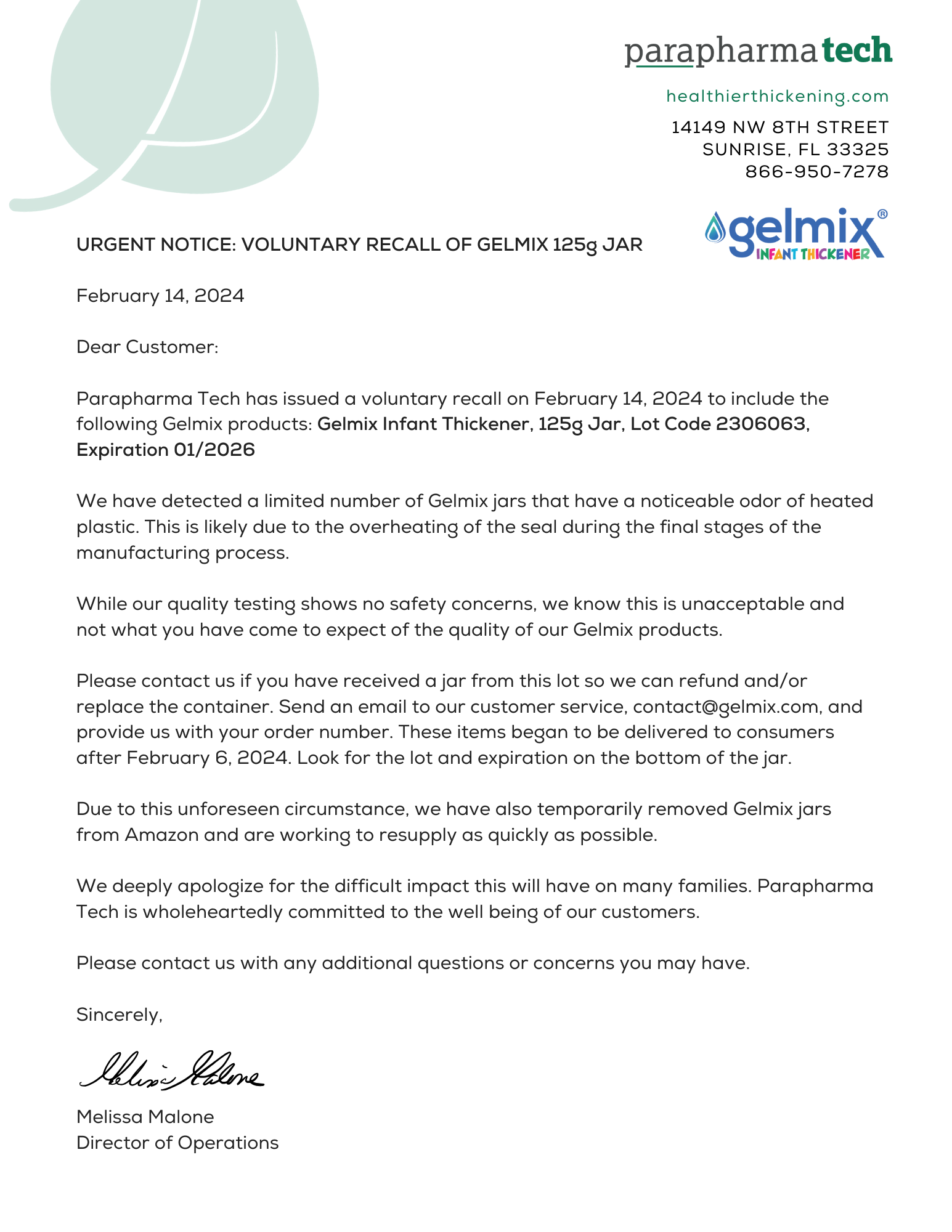 Voluntary Recall Gelmix 125g Lot 2306063